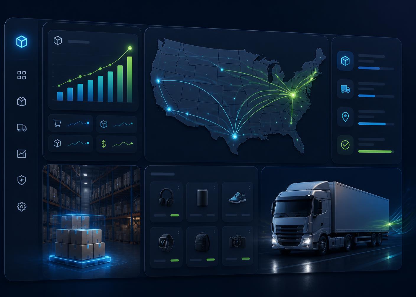 tomtom warehouse dashboard showing US shipping routes, live order analytics, and same-day fulfillment